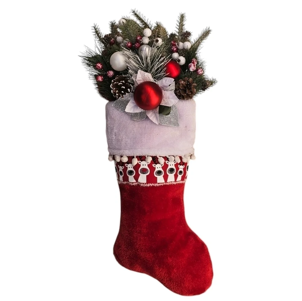 Handmade Christmas Door Hanger Holiday Wreath Stocking Rudolph